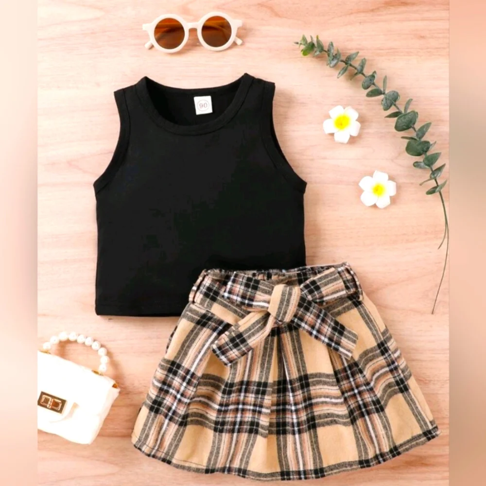 Girls Preppy Black Tank Top & Plaid Pleated Belted Skirt Outfit‎ Size 5-6